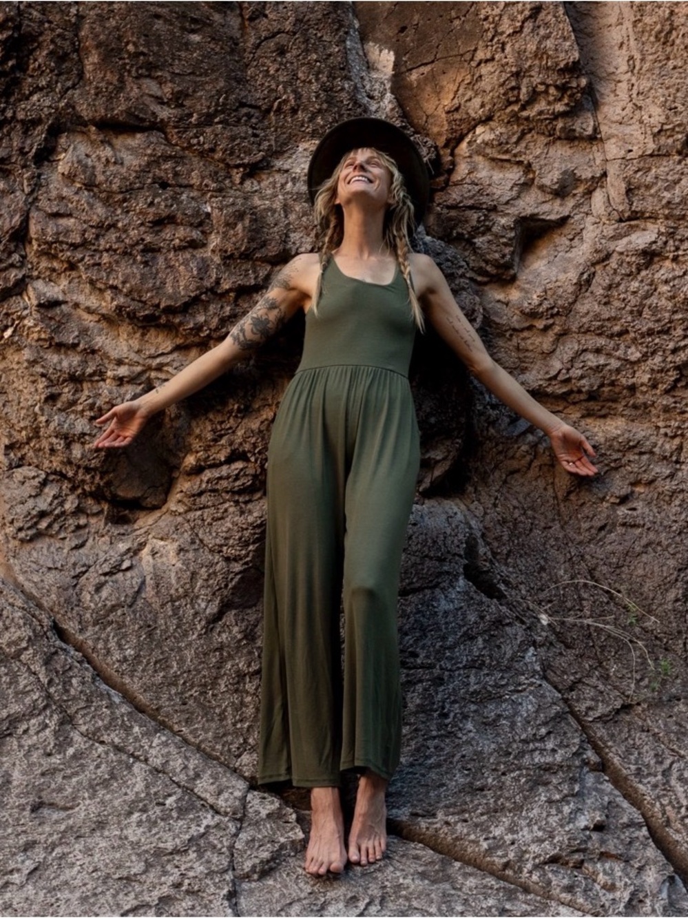 Imbodhi Hana Jumpsuit 2.0 Wide Leg Sleeveless Ribbed Moss Green Small